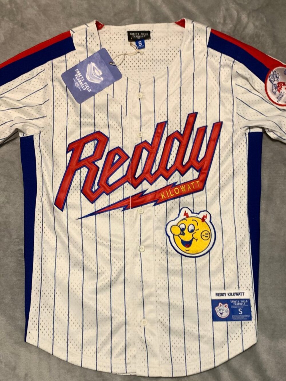 Ebbets Field Flannels Throwback Semi-Pro Jersey. Reddy Kilowatt Mascot. Small.